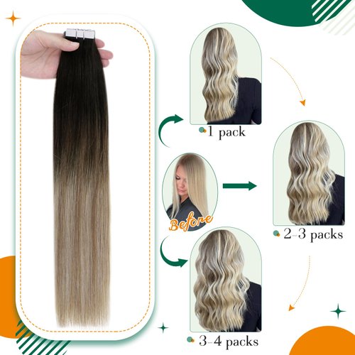 Easyouth Tape in Hair Extensions Human Hair Balayage Tape in Extensions Human Hair Black Fading to Ash Brown Highlights Blonde Ombre Tape Hair Extensions Real Human Hair 40g 20Pcs 14Inch
