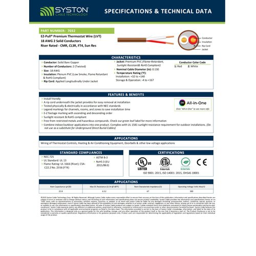 Syston 18/2 Thermostat Doorbell HAVC Heating Control Cable Wire, 100% Solid Copper Conductors CL3R/FT4/CMR Riser-Rated UL/ETL Listed, UV Resistant RoHS for Indoor/Outdoor Low Voltage Applications Use