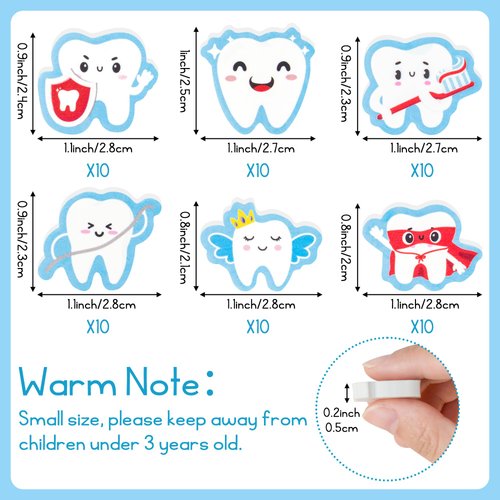CJiangpo 60Pcs Tooth Mini Erasers for Kids Bulk, Tooth Fairy Eraser Cute Cartoon Pencil Rubber Eraser Novelty 3D Desk Puzzle Erasers Teeth Themed Party Favors Filler Kids School Classroom Prizes Gifts