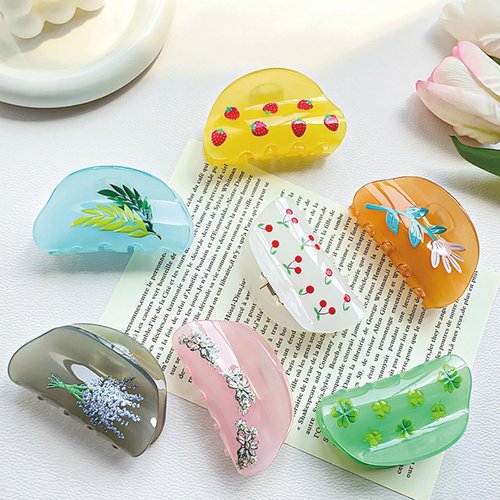 3.2" Vintage Pattern Print Hair Claw Clip with Cherry Non-Slip Strong Hold Hair Accessories for Women Girls Thin Hair, Cherry White