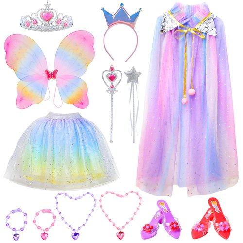 CUTE STONE Princess Dress Up for Girl, Toddler Dress Up Clothes with Cape, Wing，Skirts, Shoes, Crowns and Jewelry Toys, Costumes Gifts Toys for Girls Years 3+
