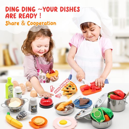 Hohosunlar Kids Pretend Play Kitchen Accessories Set, 38Pcs Stainless Steel Play Pots Pans Sets for Kids, Toy Cookware Cooking Utensils Play Food Dish Toddler Kitchen Playset Gifts for Boys Girls