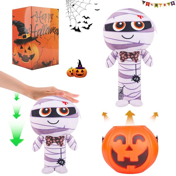 Funny Halloween Mummy Plush Gift Toys Interactive Scare Plush Toys That Bounce Out of Halloween Candy Boxes Halloween Party Favorite for Kids Toddlers Teens and Adults