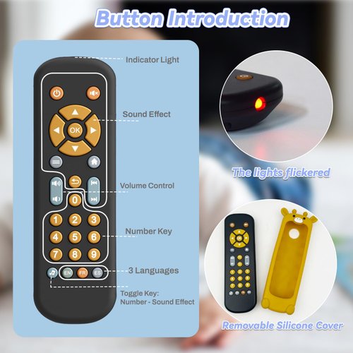 Baby TV Remote Control Toy with Cute Giraffe Soft Silicone Cover Teething Toy, Realistic Baby Musical Remote Control Toy with Light ＆ Sound (Giraffe)