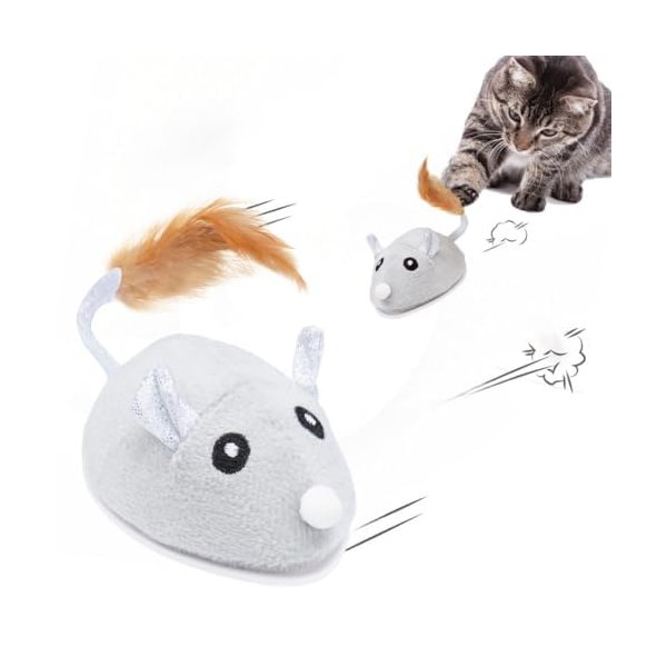 ALLTHINGVB Interactive Version2 Automatic Cats Plush Toys Play for Indoor Boredom Alone. Electric Moving Mouse Cat Toys with Real Feather Tail, Less Noise USB Rechargeable. (Grey)