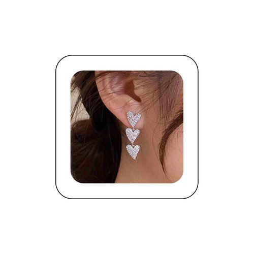 Sttiafay Vintage Heart Drop Earrings Long Heart Dangle Earrings Triple Heart Stud Earrings Silver Love Heart Earrings Jewelry for Women
