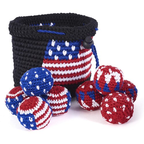 Buena ONDA Hacky Sack Mini Bag Toss Game - Canasta Ball Yippi Yappa Kit - USA Edition - Crocheted Mini Bag Toss Game for Kids and Adults - Color Coded Balls with Basket, Indoor/Outdoor Play