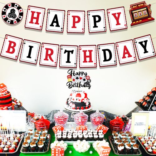 Ushinemi Casino Theme Party Decorations Poker Night Happy Birthday Banner With Glitter Las Vegas Casino Cake Decorations Poker Cake Topper Casino Party Supplies
