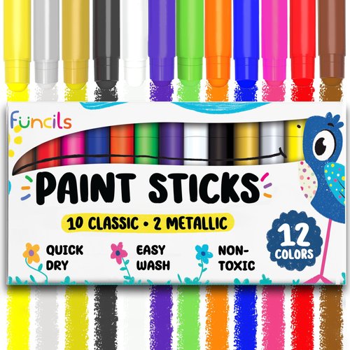 Funcils 12 Tempera Paint Sticks for Kids & Toddlers - Quick Dry, Non-Toxic Washable Paint for Kids - Art & Craft Supplies Set, Solid Painting Markers with Metallic Gold & Silver Color Ages 1 2 3 4 5 6
