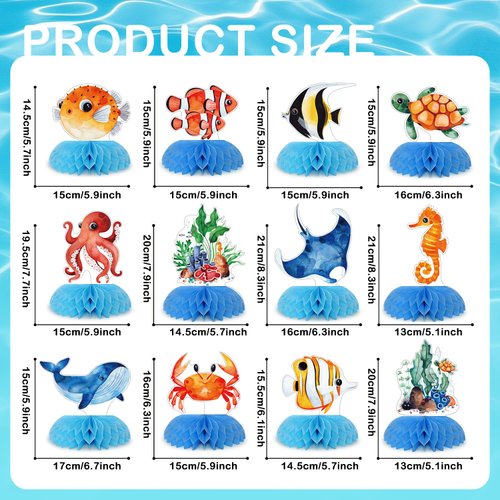 12 pcs Ocean Sea Animals Honeycomb Centerpieces Ocean Themed Birthday Party Decorations Tropical Beach Themed Party Decorations Fish Crab Turtle Seahorse Sea Creature Birthday Party Supplies
