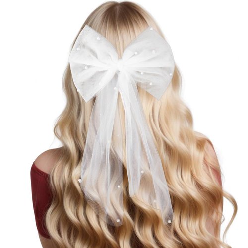 Bridal Pearl Hair Bow Veil, White Wedding Veil Hair Bow with Barrette Bachelorette Party Hair Accessories Bow Veil with Pearl for Women Bachelorette Party Bridal Shower
