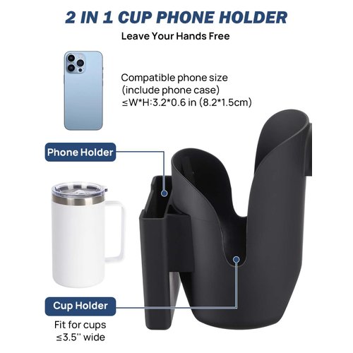 JOYTUTUS Cup Holder for Wheelchair, 2 in 1 Water Bottle Holder and Phone Bracket, Universal Drink Cup Holder for Walker, Rollator, Stroller, Scooter