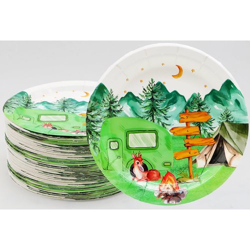 50Pcs Camping Party Supplies Camping Party Paper Plates,7"Happy Camper Dessert Plates for Camping Adventure Themed Woodland Baby Shower Forest Hiking Camp-Fire Camping Birthday Party Decorations