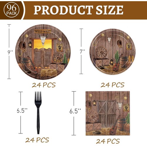Oigco Western Cowboy Party Plates and Napkins Set Coowboy Party Decorations Supplies Wild West Theme Party Set Includes Plate Napkins Forks, Serves 24 Guests