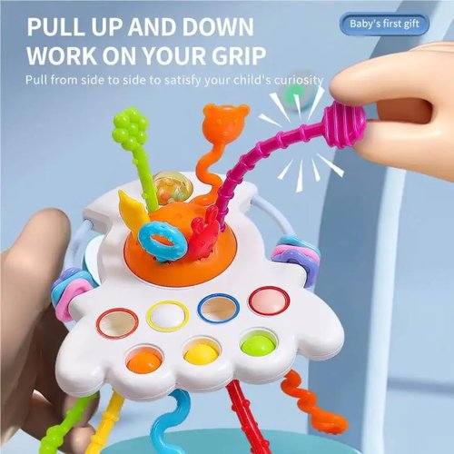 Yummy Baby Montessori Sensory Toy for Babies, Silicone Pull String Teething Toy, Perfect for Entertaining Baby While Developing Motor and Sensory Skills (Space Ship)