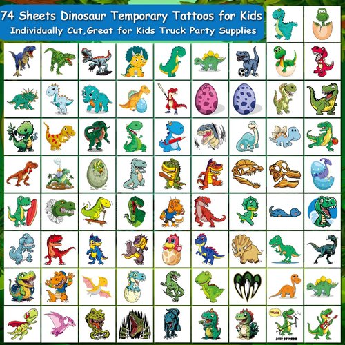 CHARLENT Dinosaur Temporary Tattoos for Kids - 74 Individually Sheets Dinosaur Tattoos for Boys Dinosaur Birthday Party Favors Goodie Bag Fillers
