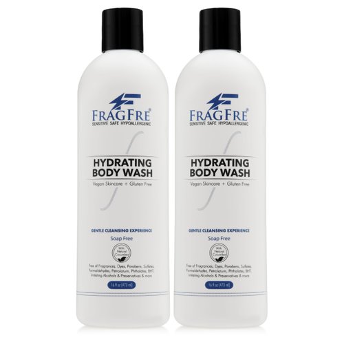 FRAGFRE Sensitive Body Wash 16 oz (2-Pack Gift Set) - Paraben Free Sulfate Free Body Cleanser - Hypoallergenic for Delicate and Flaky Skins - No Added Fragrance - Cucumber for Hydration - Vegan GF/CF