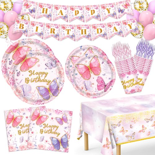 Butterfly Birthday Decorations, 146Pcs Butterfly Party Supplies-Serves 24 with Butterfly Plates N...