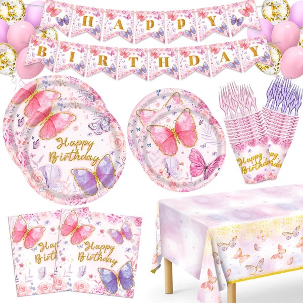 Butterfly Birthday Decorations, 146Pcs Butterfly Party Supplies-Serves 24 with Butterfly Plates Napkins Cups Tablecloth and Banner for Butterfly Girl Birthday Decorations