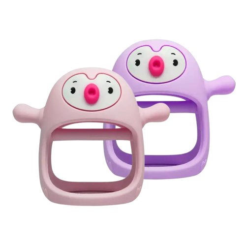 Yummy Baby Cute Penguin Teething Mitten for Babies, Easy to Hold, No-Drop Design, Silicone Baby Teether Toys, Relief from Teething Pain, Nipple Shaped Penguin Hands Comfort Gums (Pink/Purple)