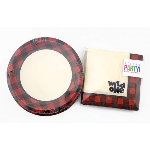 Wild One Plates and Napkins - 16 Set Buffalo Plaid Lumberjack Party Supplies