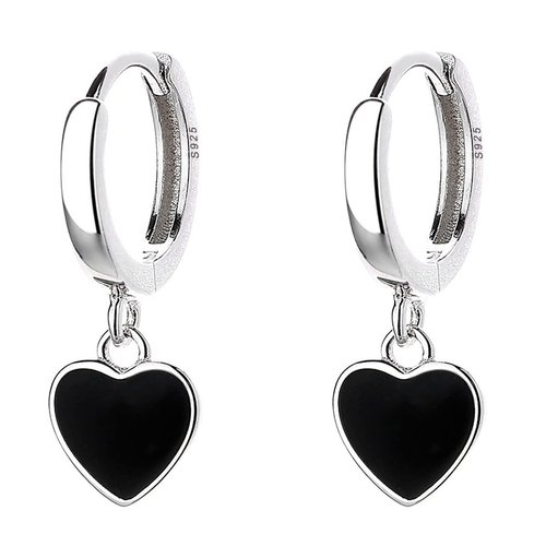 SLUYNZ Sterling Silver Black Heart Hoop Earrings for Women Teen Girls Love Heart Hoop Earrings Huggie (A-Silver)