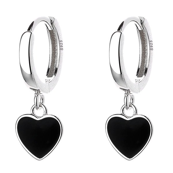 SLUYNZ Sterling Silver Black Heart Hoop Earrings for Women Teen Girls Love Heart Hoop Earrings Huggie (A-Silver)
