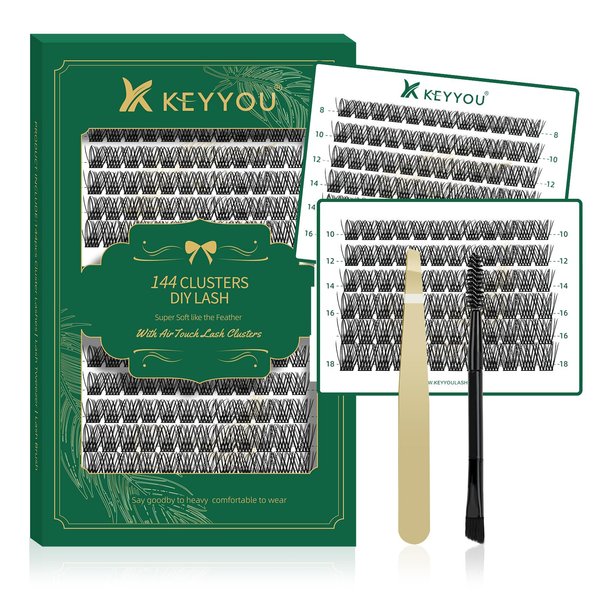 Lash Clusters 144pcs Eyelash Clusters D Curl 8-18MIX Individual Lashes KEYYOU Air Touch Cluster Lashes Super Lightweight Soft Wispy Comfortable Easy DIY at Home(Air02-D-8-18MIX)