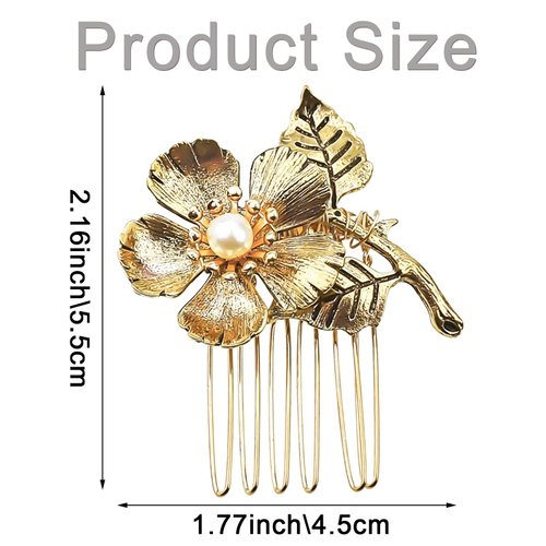2 PACK Gold Small Side Hair Combs, Side Comb Hair Decorative Hair Comb, Retro Pearl Metal Hair Comb Clips, Flower Hair Accessories, for Bride, Party, Prom