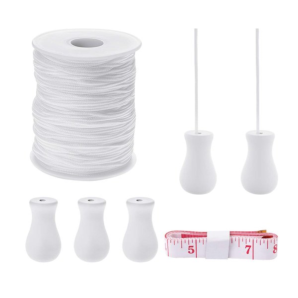 AHANDMAKER 100 Yards 1.5mm White Nylon Braided Lift Shade Cord, Roll Blind Replacement String with 5Pcs Wood Pendant, Blinds Cord String Kit for Window Blinds Roman Shade Repair, Gardening Plant Craft