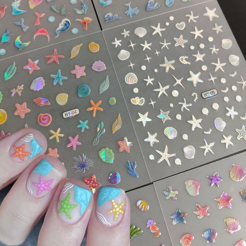 12Sheets Summer Nail Art Stickers Shell Starfish Nail Stickers Cute Jellyfish Mermaid Nail Art Design 3D Self Adhesive Marine Life Nail Decals Summer Sea Theme Nail Supplies for Women Manicure Decor