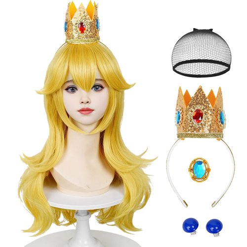 Long Blonde Princess Wig for Kids Girls, Golden Wavy Cosplay Wig + Crown Brooch Earrings Accessor...