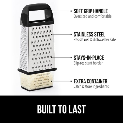 Gorilla Grip Professional 100% BPA Free 4-Sided Cheese Grater, Stainless Steel XL Box Graters with Ergonomic Handle, Parmesan Shredder, Ginger Carrot Slicer, Dishwasher Safe, Include Container, Black