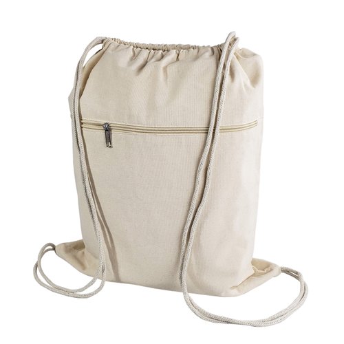 TBF Cotton Canvas Drawstring Backpack with Zippered Front Pocket Cinch Sack Pull String Sport Bags for Gym, Hike, Men Women Kids Bags (Natural, Set of 3)