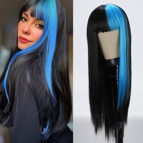 Sabosi Long Blue Black Hair Synthetic Wigs with Bangs Long Straight Hair Wig Cosplay Wig Split Co...