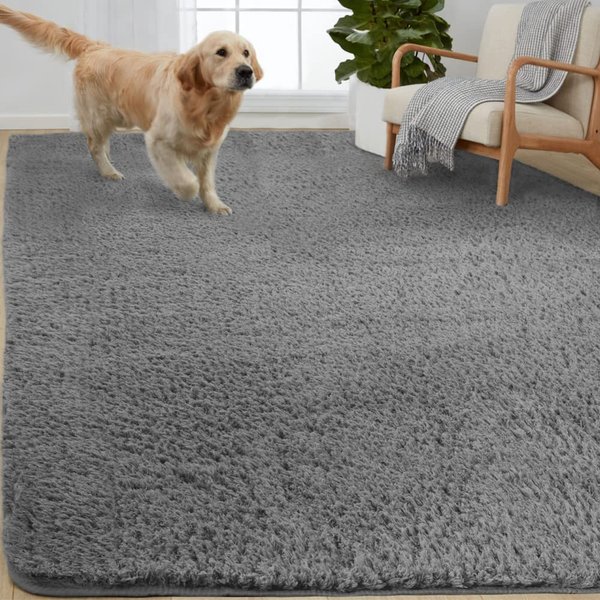 Gorilla Grip Soft Faux Fur Area Rug, Washable, Shed and Fade Resistant, Grip Dots Underside, Fluffy Shag Indoor Bedroom Rugs, Easy Clean, for Living Room Floor, Nursery Carpets, 2x4 FT, Steel Gray
