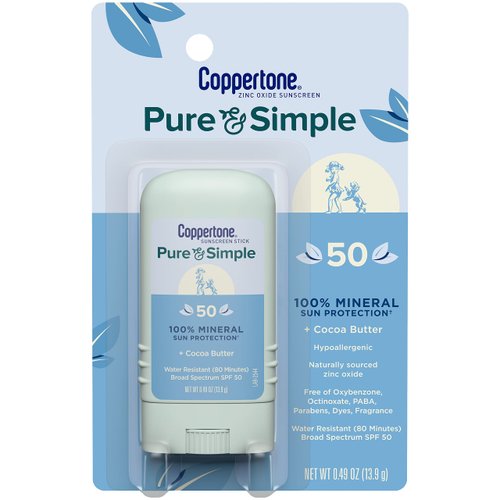 Coppertone Pure & Simple SPF 50 Stick Sunscreen, Mineral Sunscreen, Water Resistant, Hypoallergenic, Face Sunscreen, Broad Spectrum UVA/UVB Protection, 0.49 oz