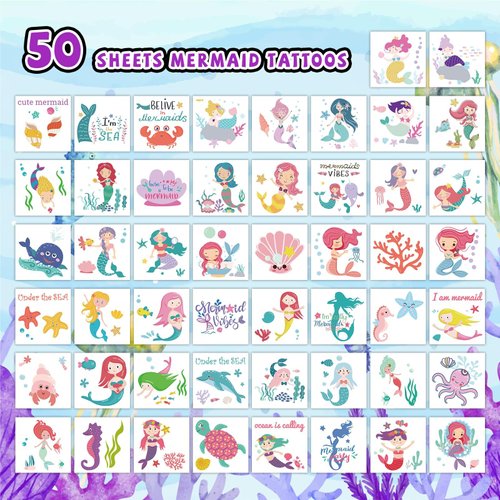 EMOME 50 Sheets Individually Wrapped Mermaid Tattoos for Kids Girls, Mermaid Temporary Tattoos for Birthday Party Decorations Favors Supplies, Ocean Themed Tattoo Stickers for Mermaid Games