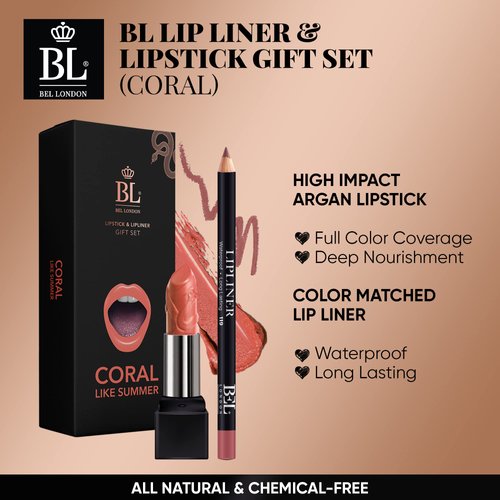 BL Color Matched Lip Liner & Lipstick Set (Coral) - Full-Coverage Argan Long Lasting Lipstick and Lip Liner Set With Natural Oils for Nourishment, Hydration, & Protection - Chemical-Free