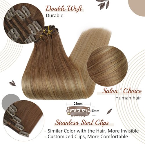 Full Shine Balayage Clip in Hair Extension Human Hair Color 10 Golden Brown Fading to 14 Brown And Blonde Remy Clip in Extensions Silky Straight Natural Extensions for Women 120 Gram 7 Pcs 18 Inch