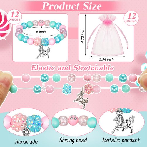 12 Pieces Horse Party Favors Bracelet for Girls Gifts 6 Inch Horse Beaded Bracelet with 12 Small Drawstring Gift Bags Pink Mesh Bags Kids Bracelet for Christmas Wedding Baby Shower Party Supplies