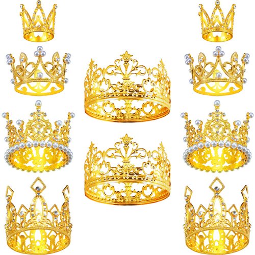 10 Pieces Crown Cake Topper Birthday Mini Crown Pearl Crystal Tiara Vintage Small Crowns Metal Crown Decorations for Wedding Birthday Baby Shower Party, 5 Styles(Gold)