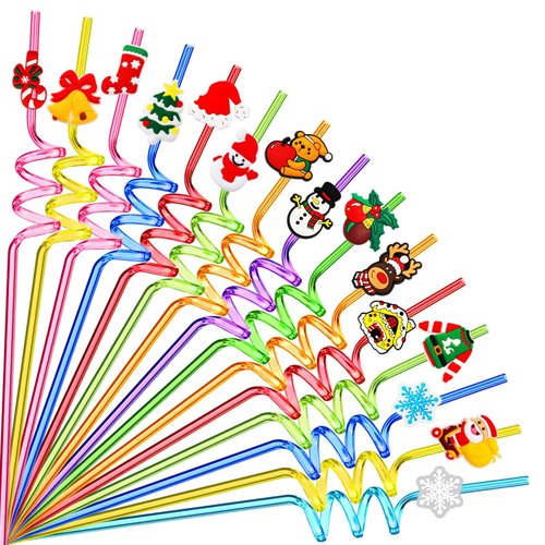 DTOFOOT 15 Pcs Christmas Plastic Straws,Reusable Christams Crazy Drinking Straws with Cleaning Brush Xmas Drinking Straws for Christmas Party Favors Party Favors, Decorations, Supplies