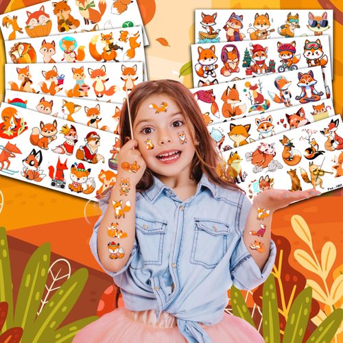 100PCS Fox Temporary Tattoos Stickers Theme Woodland Animals Birthday Party Decorations Favors Supplies Cute Farm Forest Foxes Fall Tattoo Sticker Gifts For Boys Girls School Prizes Carnival Christmas