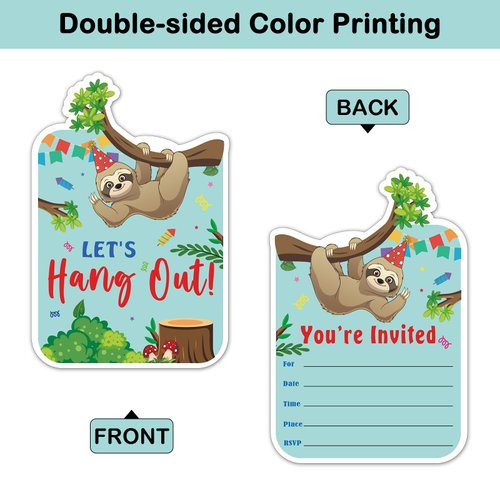 REWIDPARTY Sloth Birthday Party Invitations with Envelopes & Stickers（Set of 15） Sloth Shaped Fill-in Invitations Let's Hang Out Sloth Party Invites Boy or Girl Sleepover Themed Celebration Supplies