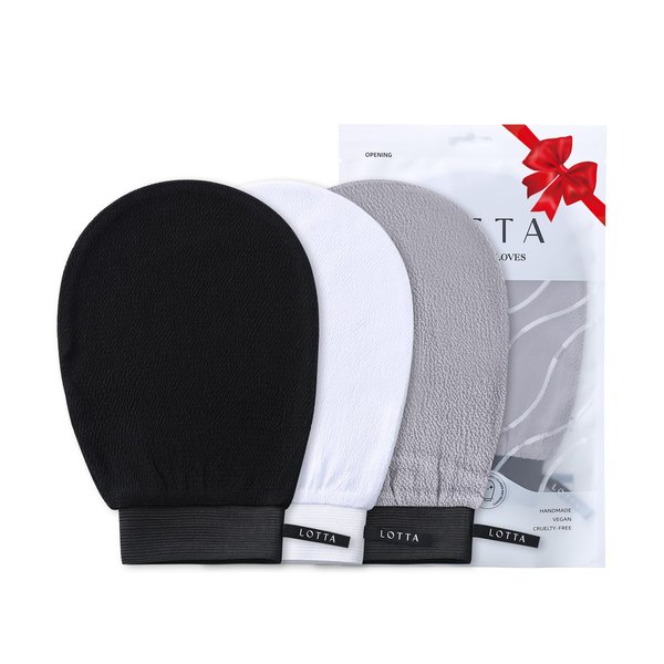 LOTTA Exfoliating Glove 3 Pcs Exfoliator Mitt Body Scrub 120D 150D 250D Shower Body Scrub Mitts Deep Skin for Cleanse Dead or Dry Skin 100% Viscose Fiber Suitable for Men and Women Black Gray White