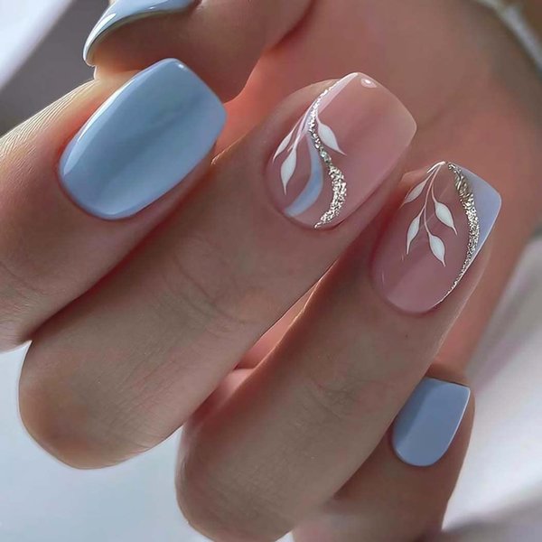 RikView Square Press on Nails Medium Acrylic Nails Blue Nails Glossy Nails for Women 24 PCS
