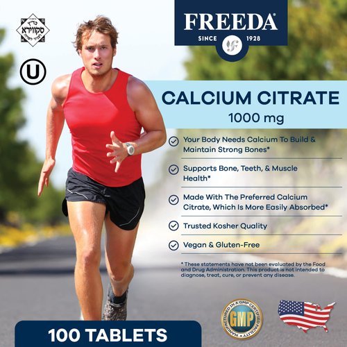 Freeda Calcium Citrate - Kosher Vegan Calcium Supplement for Women & Men - Bone Health & Joint Support - Calcium 1000mg per Serving - Calcium Citrate 1000mg Tablets Calcium Without Vitamin D (250 Ct)