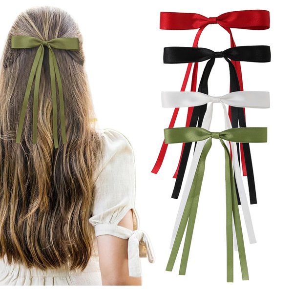 XIDAILINENG-TIYI 4Pcs Tassel Hair Bow Clips, Tassel Ribbon Bowknot Hair Clip with Long Hair, Claw Hair Clips with Bow for Women Hair Accessories(Black, white, wine red, army green)