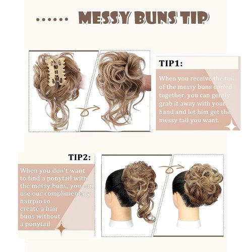 CINHOO Curly Messy Bun Hair Piece for Updos with Claw Clip Hair Extensionsm Brown Mix White Bun Clips for Hair,Long Beard Clip Claw in Bun Hair Pieces for Women Daily Use(27/613)